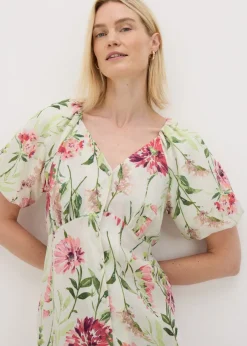 Sage Green Floral Puff Sleeve Tea Midi Dress