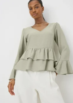 Sage V-Neck Ruffle Blouse