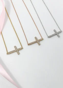 Say It With Silver Dainty Side Cross Necklace With CZ Stones
