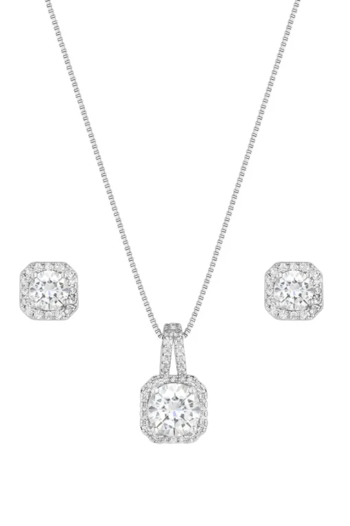 Silver Plated Cubic Zirconia Square Drop Pendant And Earring Set - Gift Boxed