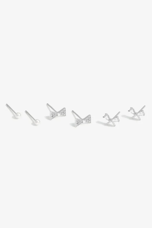 Simply Silver Sterling Silver 925 Pearl and Cubic Zirconia Bow Stud Earring (Pack of 3)