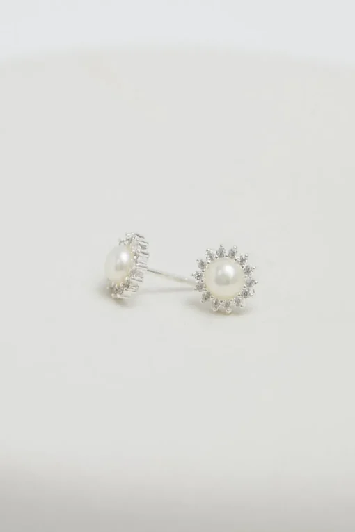 Simply Silver Sterling Silver 925 Freshwater Pearl And Cubic Zirconia Halo Stud Earrings