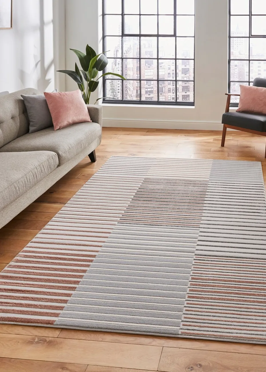 Think Rugs Apollo Grey/Pink Modern Linear Rug
