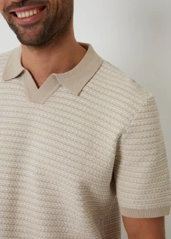 Threadbare Beige Textured Stripe Trophy Neck Knitted Polo Shirt