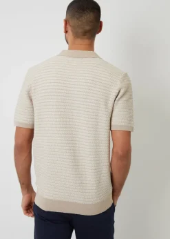 Threadbare Beige Textured Stripe Trophy Neck Knitted Polo Shirt