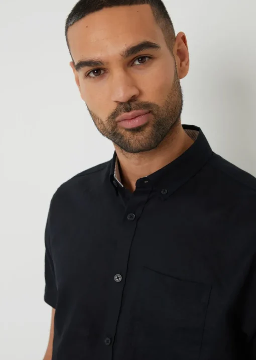 Threadbare Black Cotton Linen Blend Short Sleeve Shirt