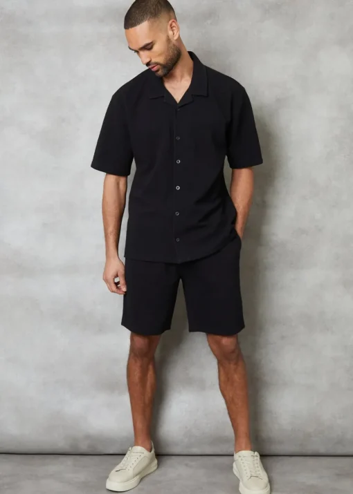 Threadbare Black Embley Textured Revere Collar Short Sleeve Shirt