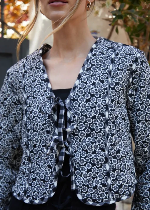 Threadbare Black Floral Tie Front Reversible Quilted Jacket