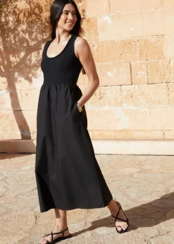 Threadbare Black Sleeveless Rib Jersey 2 In 1 Maxi Dress With Poplin Skirt