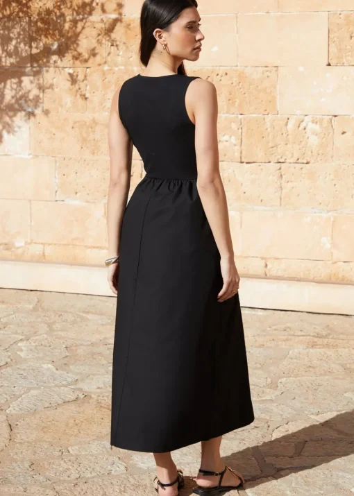 Threadbare Black Sleeveless Rib Jersey 2 In 1 Maxi Dress With Poplin Skirt