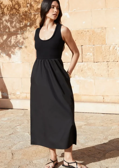 Threadbare Black Sleeveless Rib Jersey 2 In 1 Maxi Dress With Poplin Skirt
