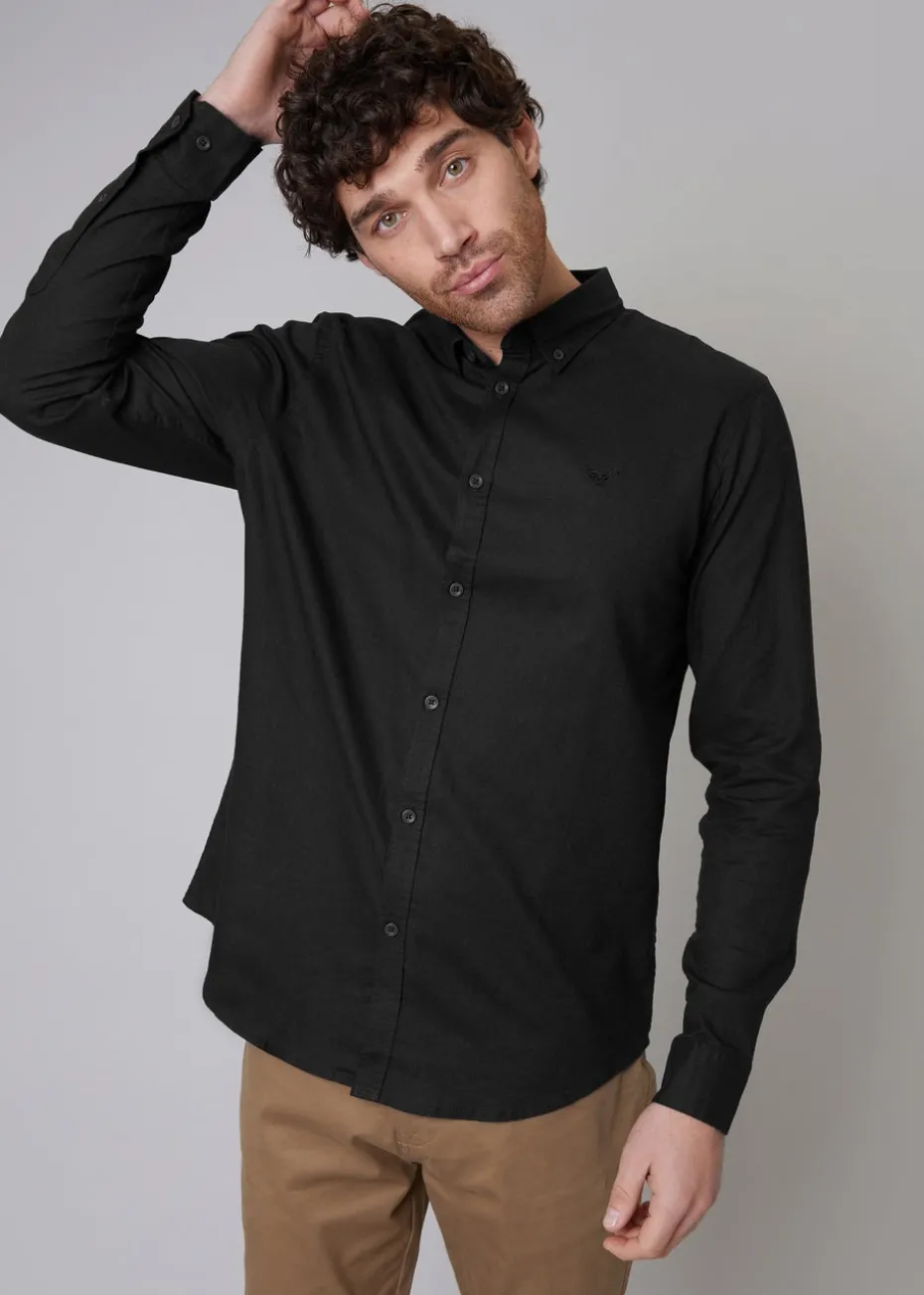 Threadbare Black Slim Fit Linen Blend Long Sleeve Shirt