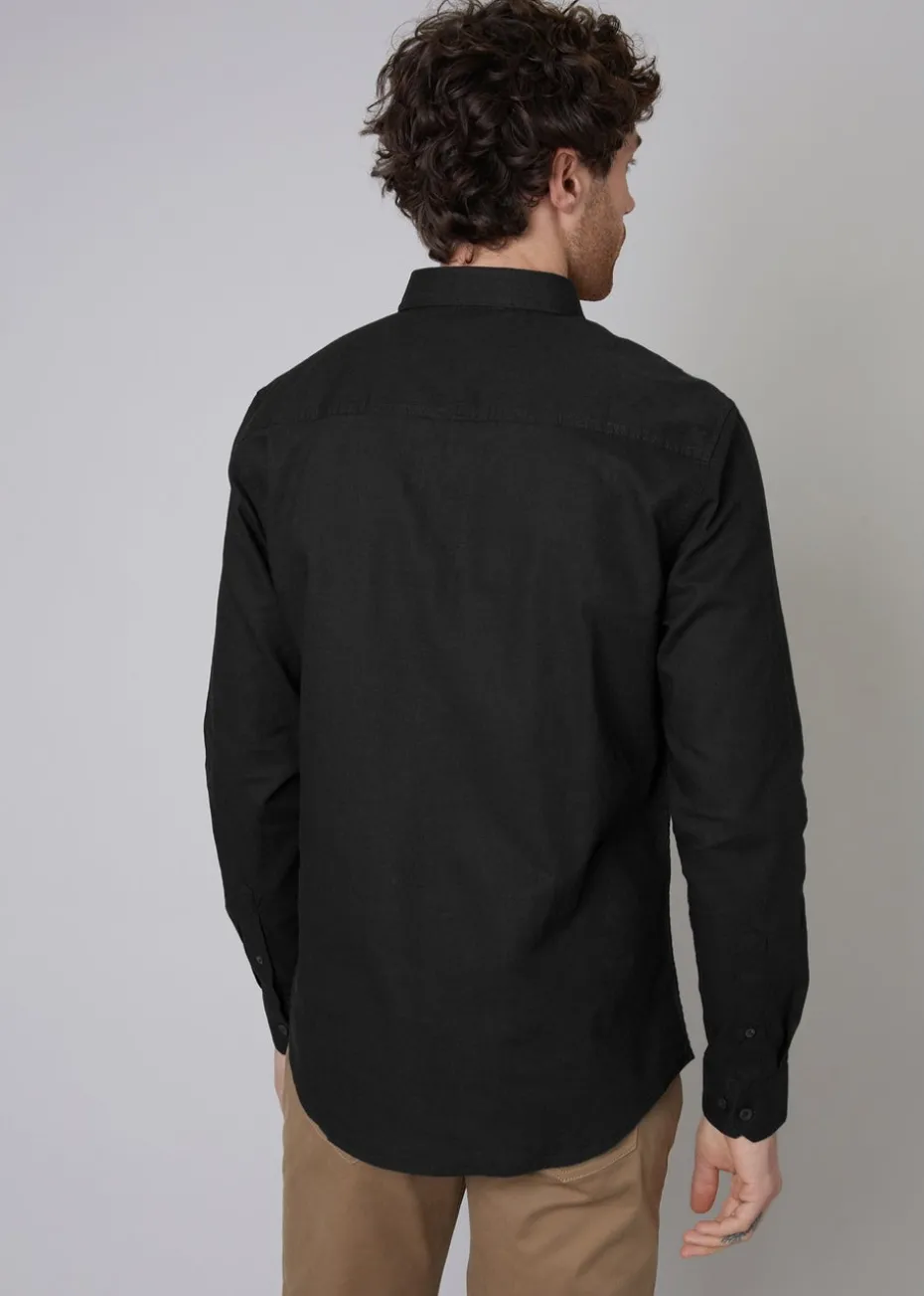 Threadbare Black Slim Fit Linen Blend Long Sleeve Shirt