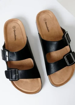 Threadbare Black Slip On Two Buckle Strap Sandals