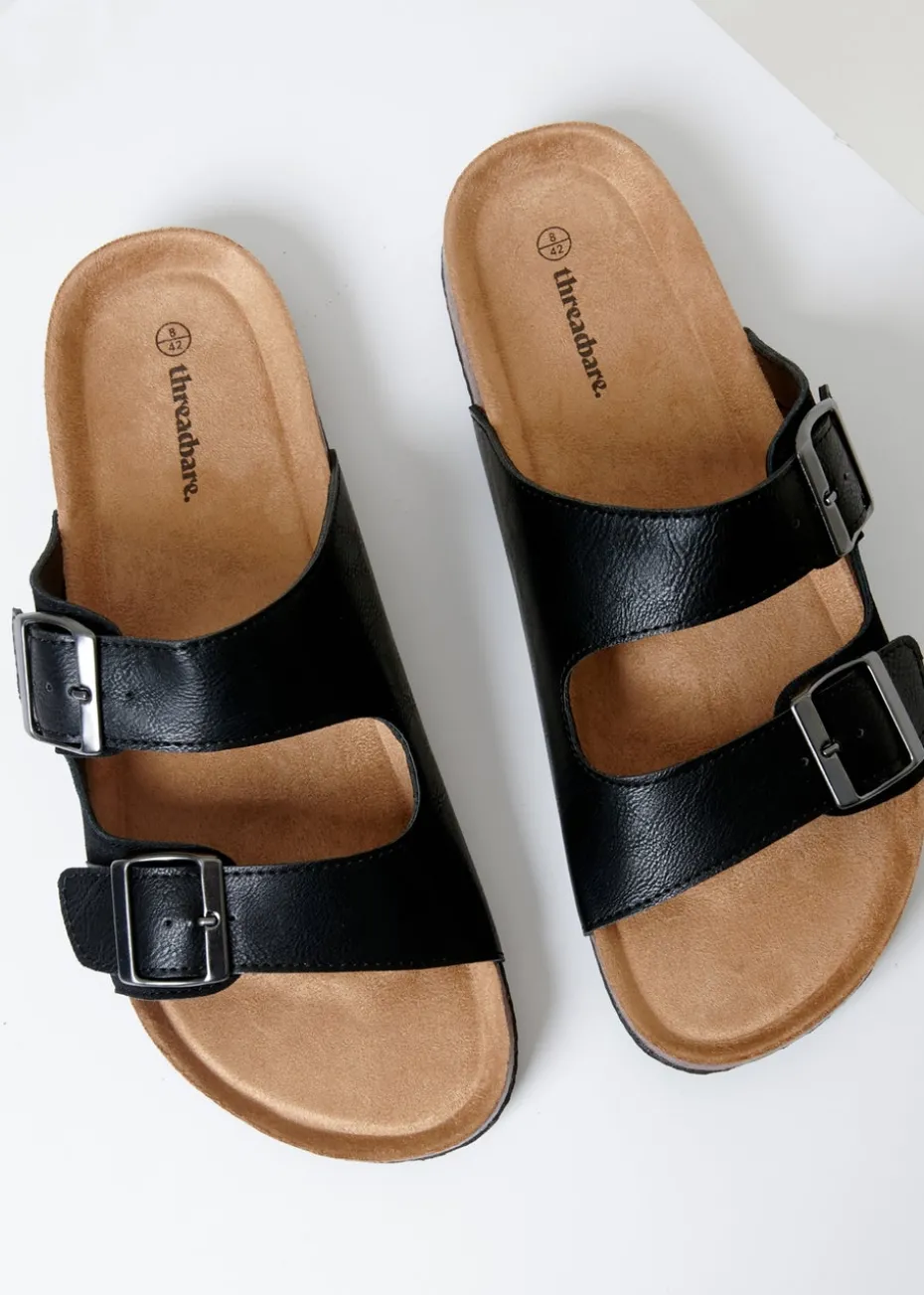 Threadbare Black Slip On Two Buckle Strap Sandals