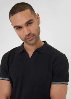 Threadbare Black Textured Knit Open Collar Polo Shirt