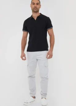 Threadbare Black Textured Knit Open Collar Polo Shirt