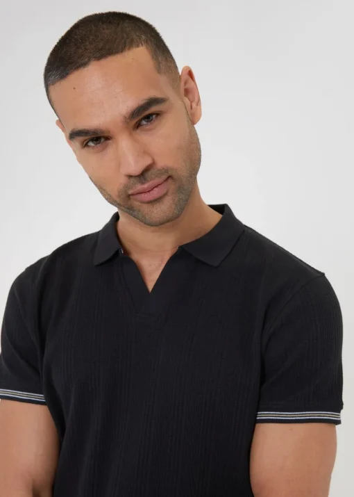 Threadbare Black Textured Knit Open Collar Polo Shirt