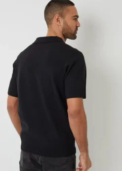 Threadbare Black Textured Front Short Sleeve Trophy Neck Knitted Polo