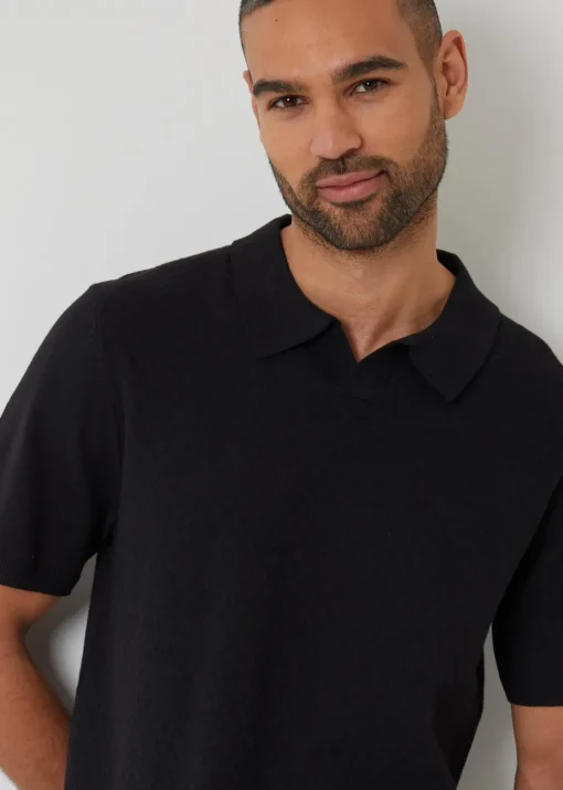 Threadbare Black Textured Front Short Sleeve Trophy Neck Knitted Polo