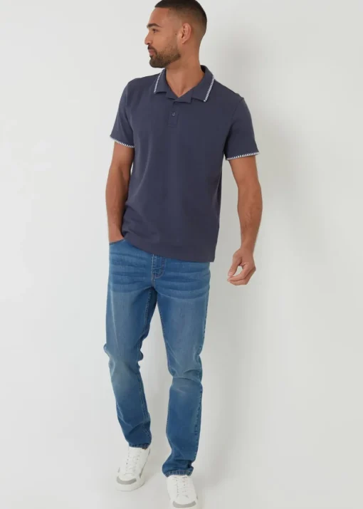 Threadbare Blue Cotton Contrast Revere Collar Polo Shirt