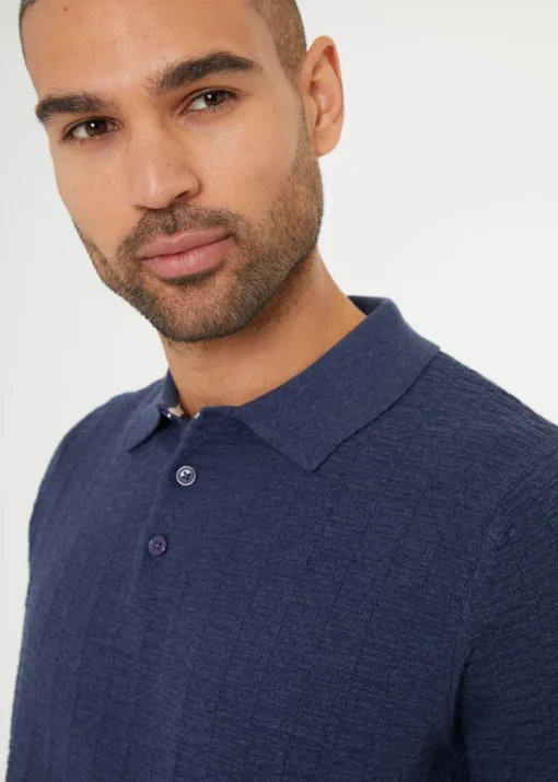 Threadbare Blue Cotton Mix Short Sleeve Textured Knitted Polo Shirt
