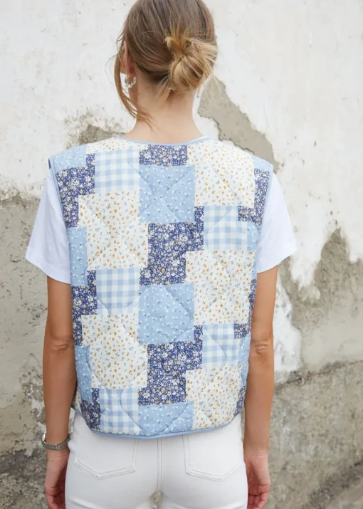 Threadbare Blue Floral Patchwork Reversible Quilted Gilet