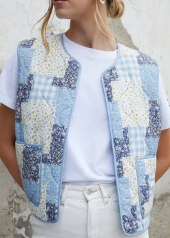 Threadbare Blue Floral Patchwork Reversible Quilted Gilet
