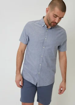 Threadbare Blue Oxford Cotton Slim Fit Short Sleeve Shirt