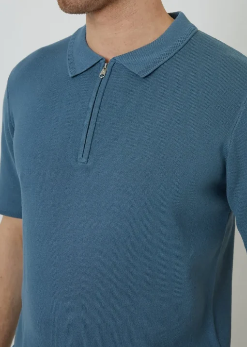 Threadbare Blue Quarter Zip Textured Trim Knitted Polo