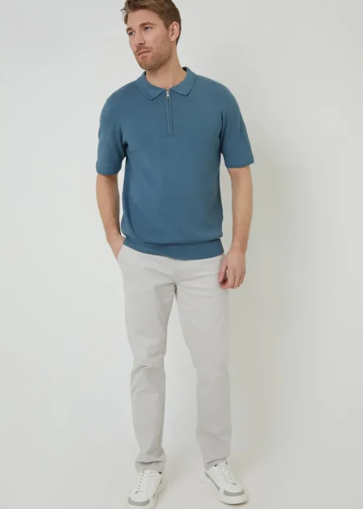 Threadbare Blue Quarter Zip Textured Trim Knitted Polo