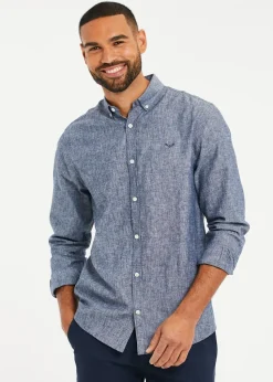 Threadbare Blue Slim Fit Linen Blend Long Sleeve Shirt