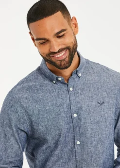 Threadbare Blue Slim Fit Linen Blend Long Sleeve Shirt