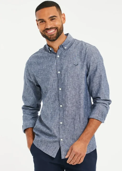Threadbare Blue Slim Fit Linen Blend Long Sleeve Shirt