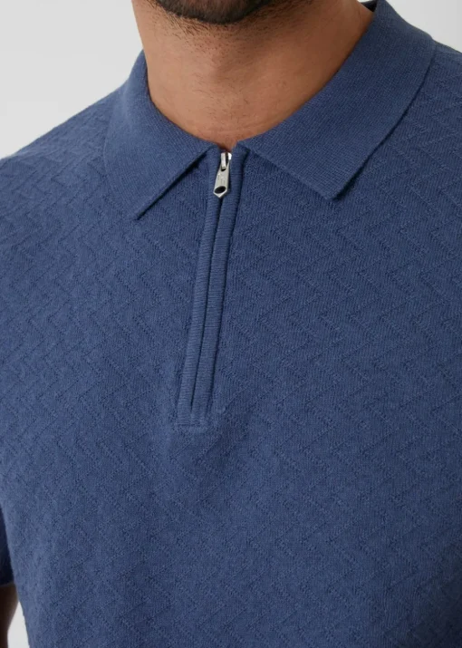 Threadbare Blue Textured Front Quarter Zip Knitted Polo