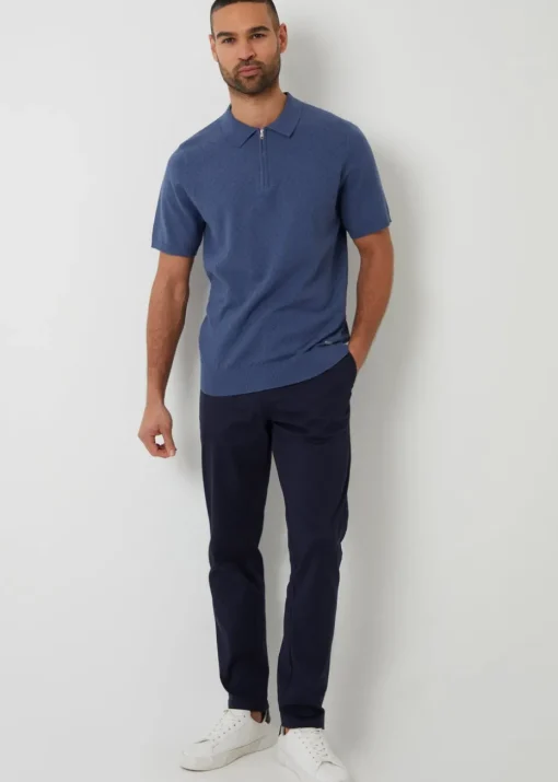 Threadbare Blue Textured Front Quarter Zip Knitted Polo