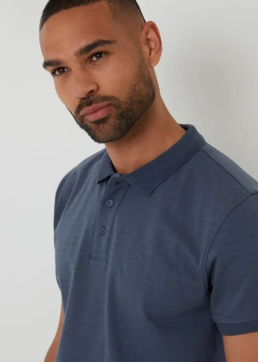 Threadbare Blue Textured Cotton Jersey Polo Shirt
