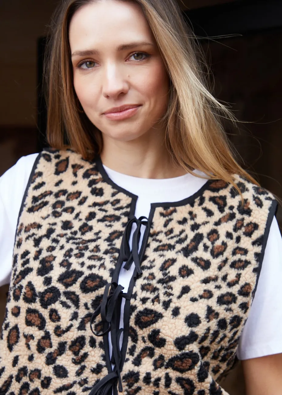 Threadbare Brown Leopard Print Tie Front Borg Gilet