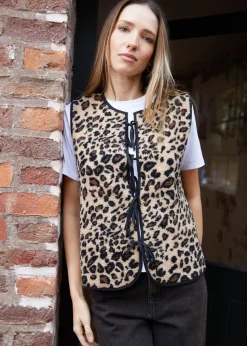 Threadbare Brown Leopard Print Tie Front Borg Gilet