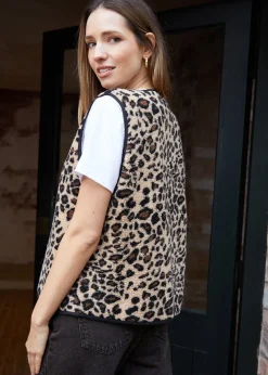 Threadbare Brown Leopard Print Tie Front Borg Gilet