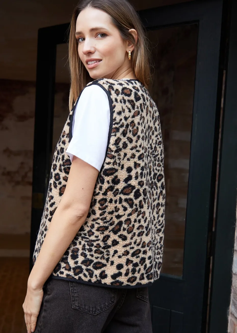 Threadbare Brown Leopard Print Tie Front Borg Gilet
