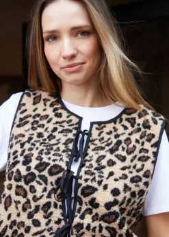 Threadbare Brown Leopard Print Tie Front Borg Gilet