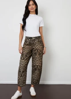 Threadbare Brown Leopard Print Barrel Leg Denim Jeans