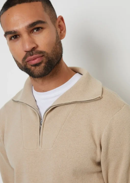 Threadbare Brown Rib Panel Quarter Zip Jumper