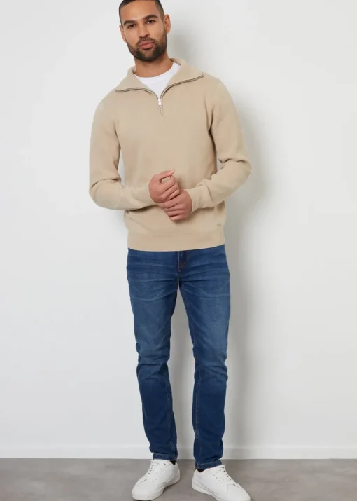 Threadbare Brown Rib Panel Quarter Zip Jumper