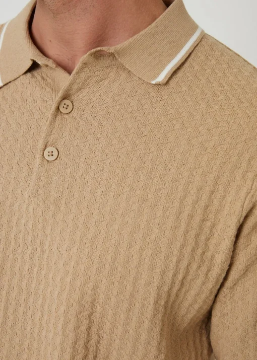 Threadbare Brown Textured Front Tipping Collar Knitted Polo Shirt