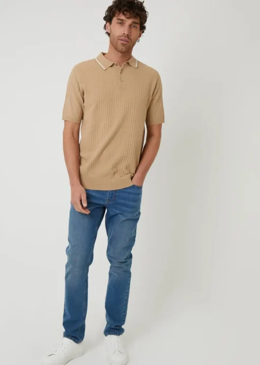 Threadbare Brown Textured Front Tipping Collar Knitted Polo Shirt