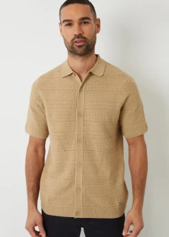 Threadbare Brown Textured Button Through Knitted Shirt