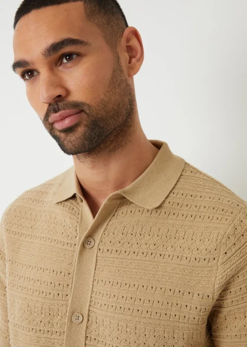 Threadbare Brown Textured Button Through Knitted Shirt
