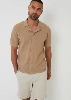 Threadbare Brown Textured Revere Collar Knitted Shirt
